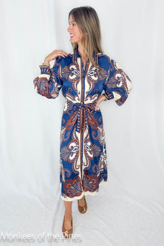 Farm Rio Arabesque Scarf Blue Midi Dress