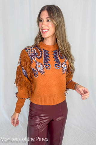 Farm Rio Arabesque Scarf Fringe Knit Sweater