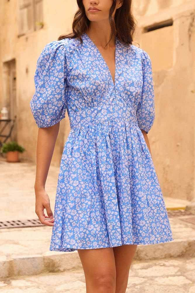 Puff Sleeve A-Line Mini Floral Dress, Ditsy Blue, Medium