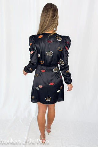 Farm Rio Beaded Kisses Black Wrap Mini Dress