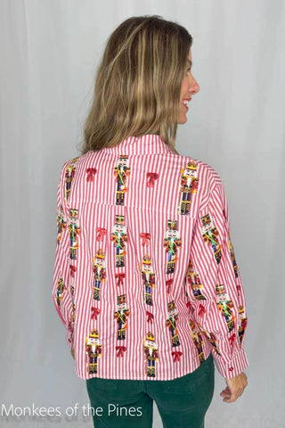 Queen of Sparkles Red Stripe Scattered Nutcracker & Bow Button Up Top