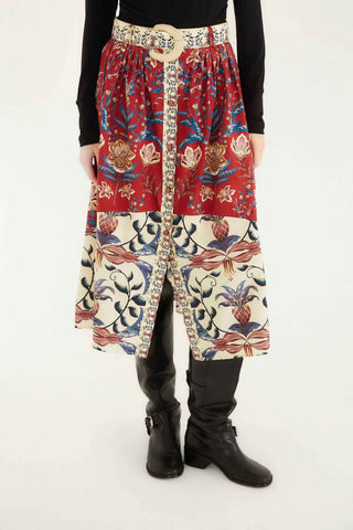Farm Rio Winter Breeze Red Buttons Midi Skirt