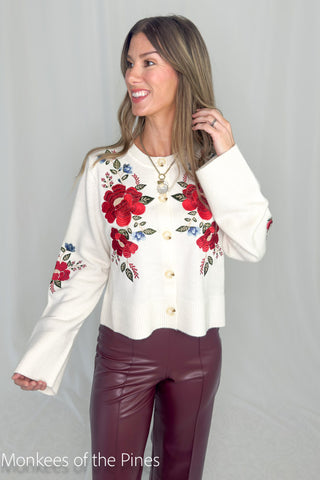 Farm Rio Cream Flowers Embroidered Knit Cardigan