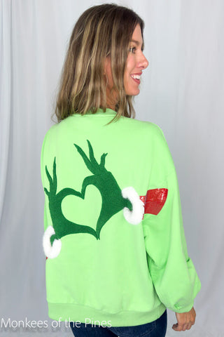 Queen of Sparkles Green Grinch Heart Hands Sweatshirt