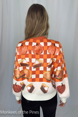 Queen of Sparkles Orange & White Checkered Pumpkin Pie Button Up Cardigan