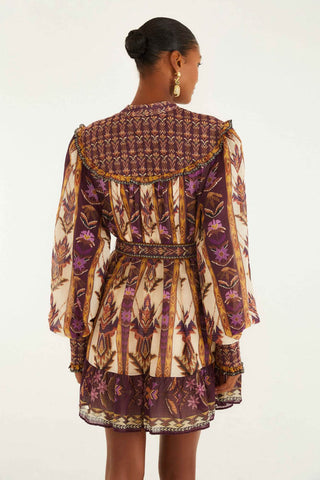 Farm Rio Embroidered Tapestry Sand Long Sleeve Mini Dress