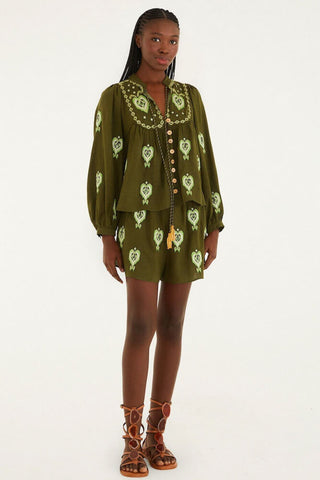 Farm Rio Green Embroidered Blouse