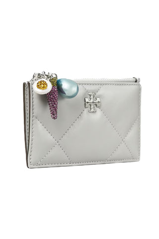 Tory Burch Kira Diamond Quilt Charm Zip Card Case Gray