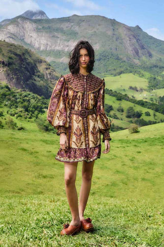 Farm Rio Embroidered Tapestry Sand Long Sleeve Mini Dress