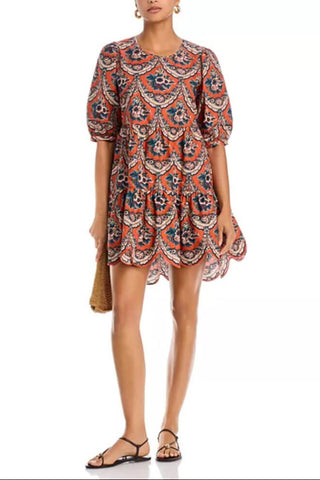 Farm Rio Victorian Floral Terracotta Mini Dress