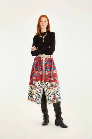 Farm Rio Winter Breeze Red Buttons Midi Skirt