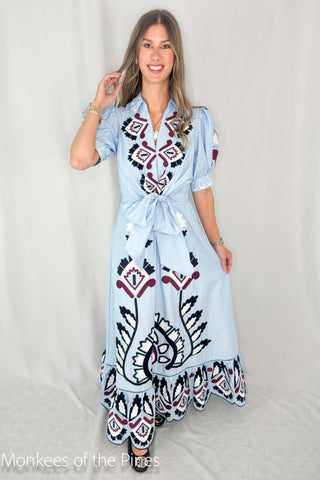 Farm Rio Blue Artisanal Short Sleeve Maxi Dress