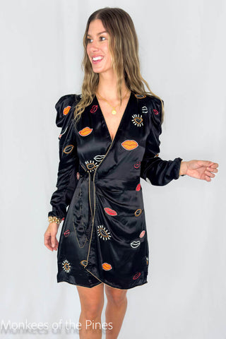 Farm Rio Beaded Kisses Black Wrap Mini Dress