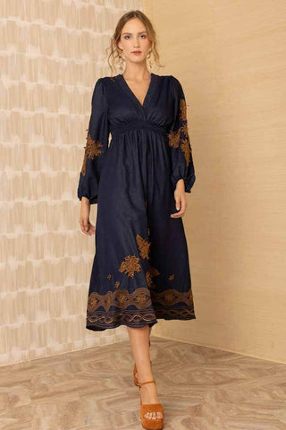 HaleBob Paulina Embroidered V Neck Maxi Navy