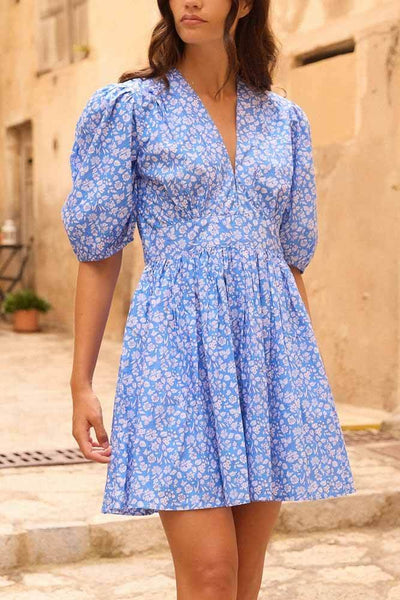 Puff Sleeve A-Line Mini Floral Dress, Ditsy Blue, Medium