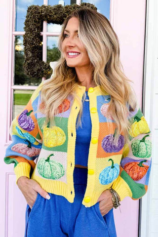 Queen of Sparkles Pastel Colorblock Pumpkin Button Up Cardigan