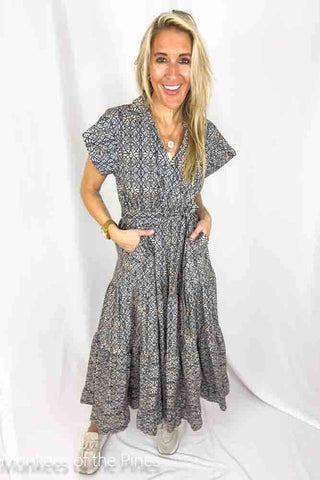 Lilya Navy Damask Maxi