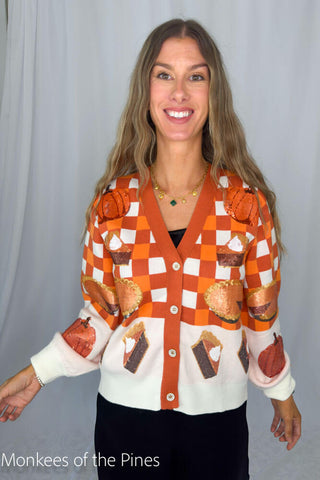 Queen of Sparkles Orange & White Checkered Pumpkin Pie Button Up Cardigan