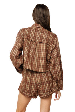 Queen of Sparkles Brown Plaid Turkey Ruffle Button Up Top
