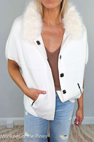 Faux Fur Trim Cardigan Ivory