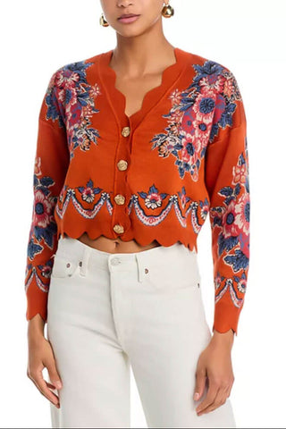 Farm Rio Victorian Floral Terracotta Knit Cardigan