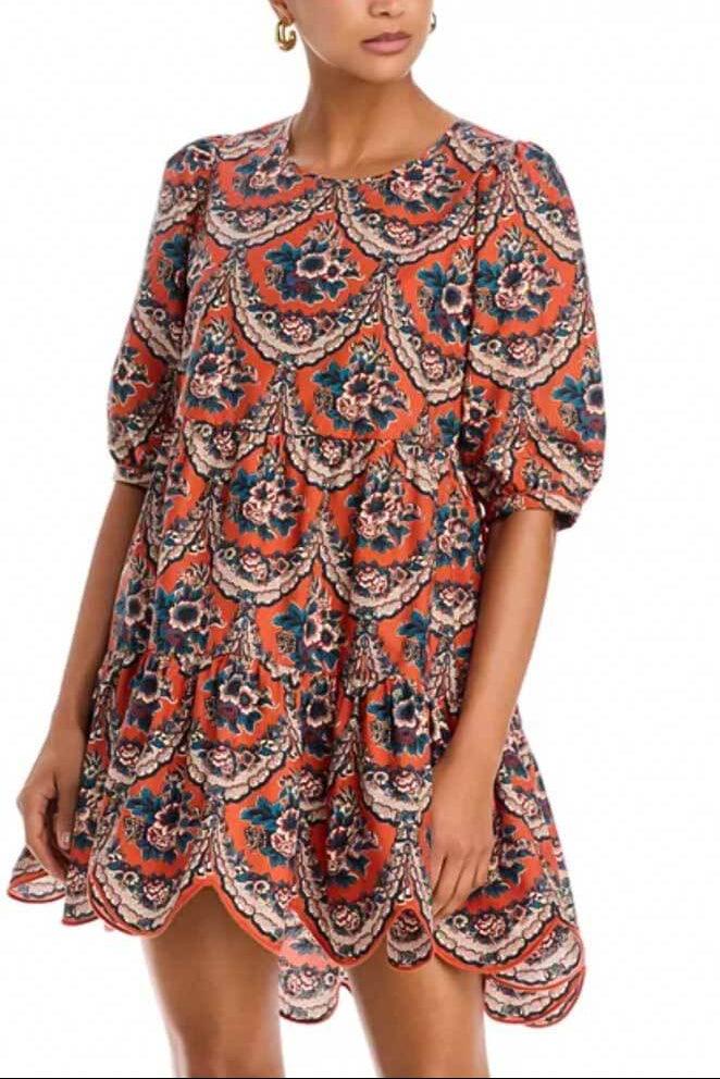 Terracotta Victorian Floral Puff Sleeve Mini Dress