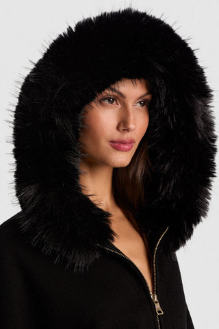 A+O Nadya Faux Fur Trim Hooded Cardigan Black