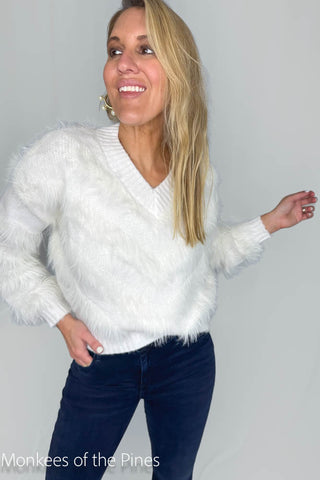 Needii Chevron Striped Fuzzy Sweater - Off White