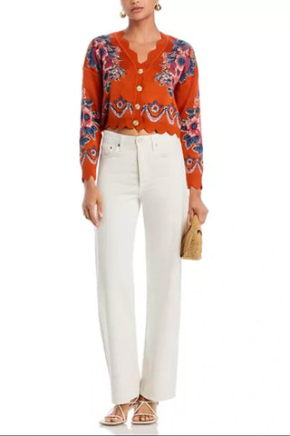Farm Rio Victorian Floral Terracotta Knit Cardigan
