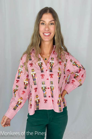 Queen of Sparkles Red Stripe Scattered Nutcracker & Bow Button Up Top