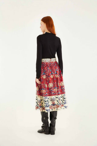 Farm Rio Winter Breeze Red Buttons Midi Skirt