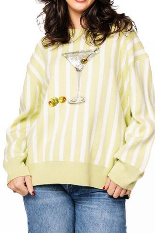 Queen of Sparkles Olive Green & White Stripe Martini Sweater