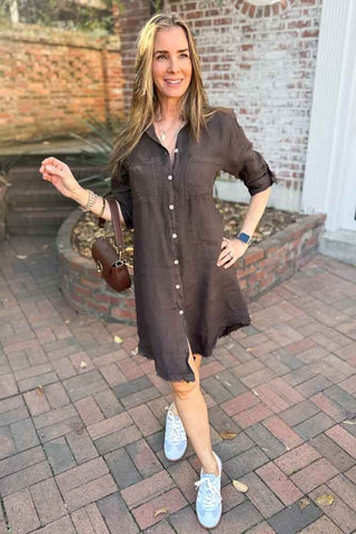 Lefeme Linen Button Down Dress Chocolate