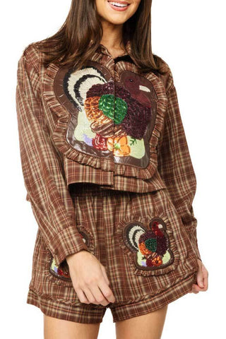 Queen of Sparkles Brown Plaid Turkey Ruffle Button Up Top