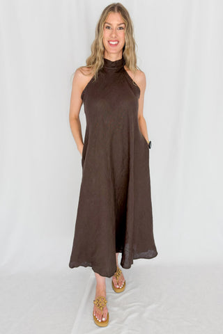 Lefeme Mock Neck Linen Dress Chocolate