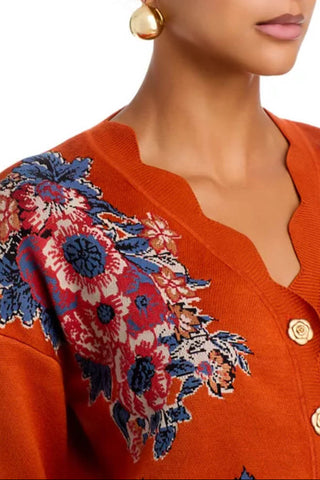 Farm Rio Victorian Floral Terracotta Knit Cardigan
