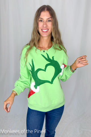 Queen of Sparkles Green Grinch Heart Hands Sweatshirt