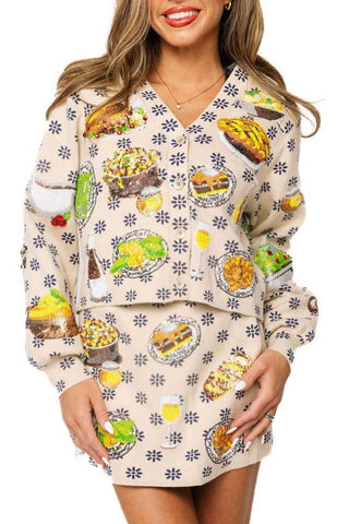Queen of Sparkles Ivory Flower Print Thanksgiving Meal Button Up Cardigan