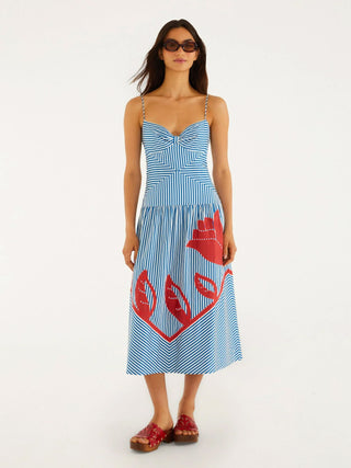 Farm Rio Sky Stripes Blue Sleeveless Midi Dress
