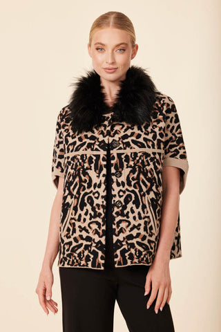 Faux Fur Trim Cardigan Leopard