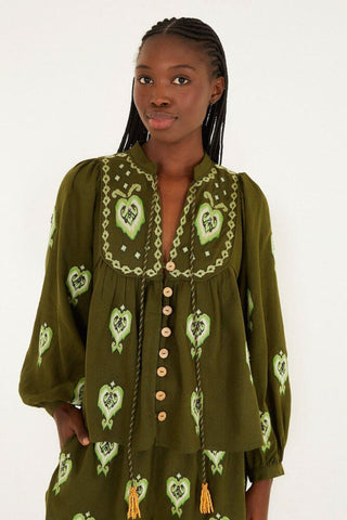 Farm Rio Green Embroidered Blouse