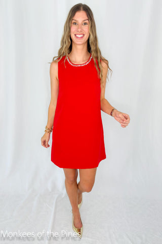 Embellished Shift Dress Red