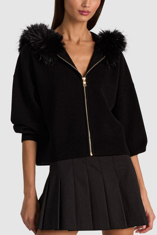 A+O Nadya Faux Fur Trim Hooded Cardigan Black