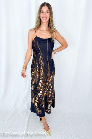 Farm Rio Garden Silhouette Black Slip Midi Dress